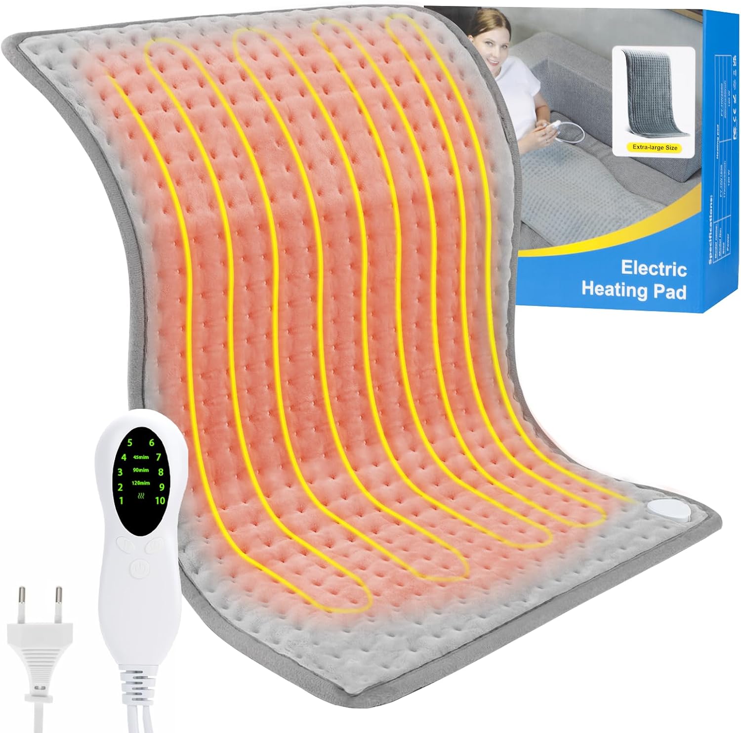 50 x 100cm Manta Electrica función de apagado automático y 10 ajustes de temperatura 3 Temporizadores, anta Electrica Lumbar para espalda, cuello, hombros y abdomen Lavable a Máquina(gris)