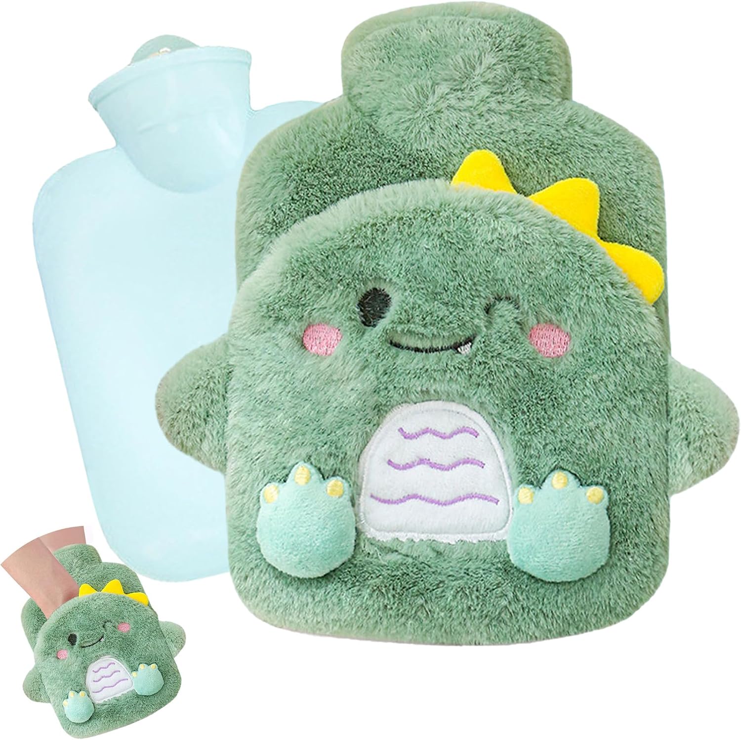 Bolsa de Agua Caliente,Hot Water Bottle,Bolsa de Agua caliente para Niños,Desmontable y Lavable,Botellas de Agua Caliente con Suave Felpa Funda,No hay fugas,Para Mantener el Agua Calient Dinosaurio