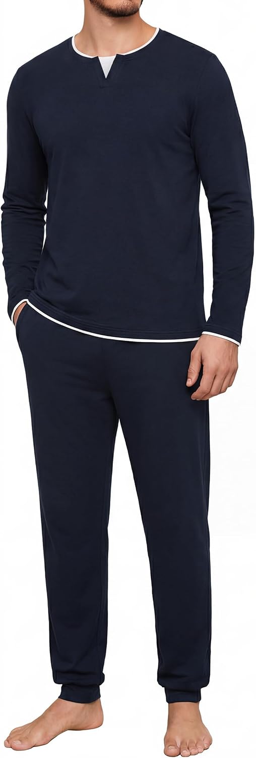 Pijama Largo Hombre Invierno de Algodón 2 Piezas Cuello Redondo
