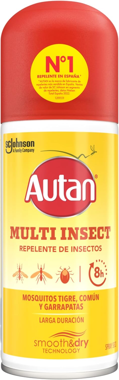 Autan Multi Insectos en Spray Seco Repelente Mosquitos, Proteccion contra Mosquitos Común, Tigre, Garrapatas y Tábanos, Hasta 8h de Protección, Dermatológicamente Probado, 1x100 ml