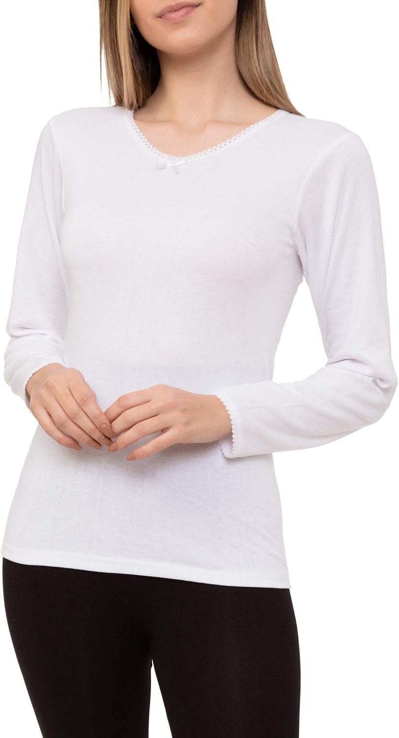 Camiseta Interior Térmica Algodón Manga Larga Mujer Cuello de Pico Color Liso