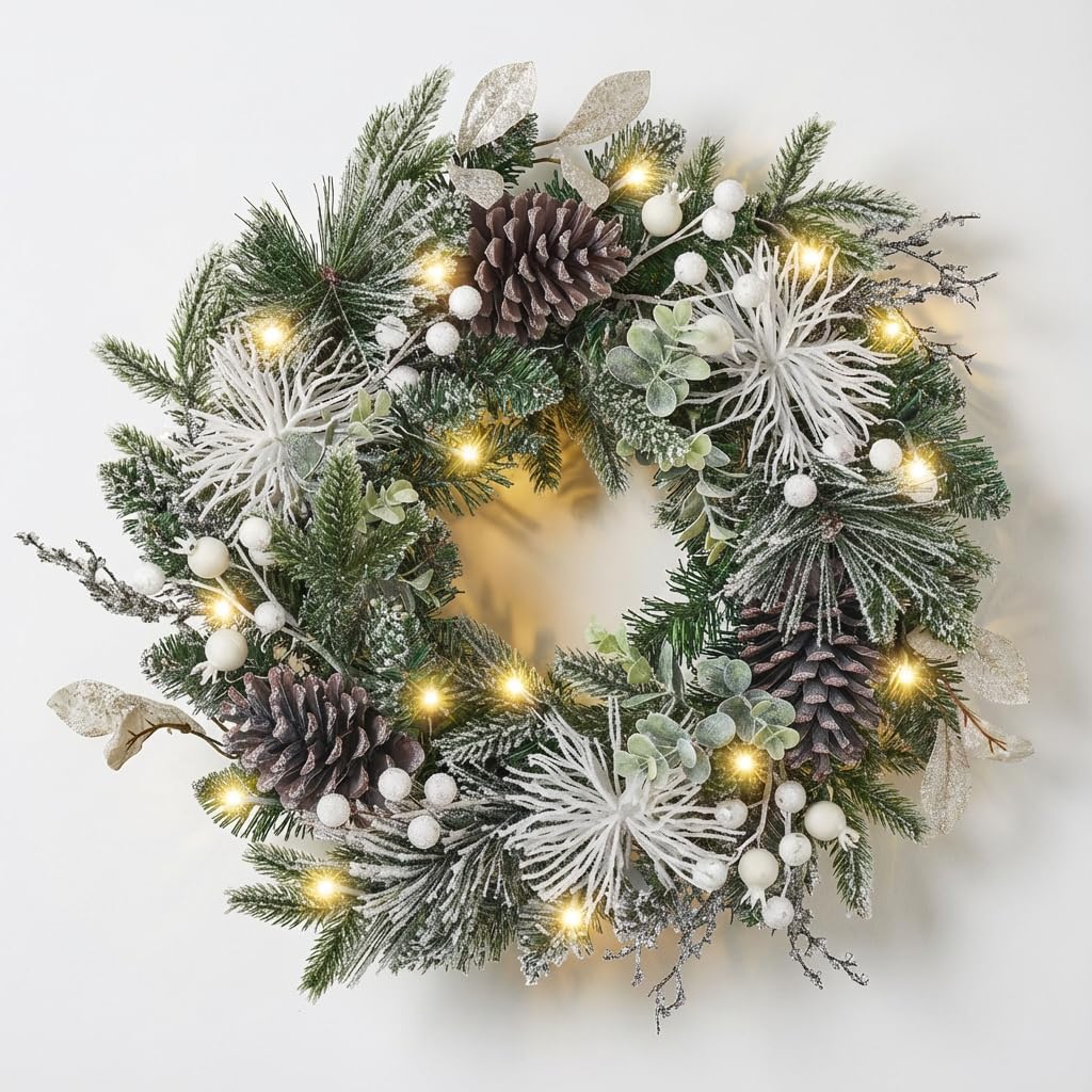Valery Madelyn 18 Inch/46cm Corona de Navidad para la Puerta con 20 Luces LED, Guirnalda de Puerta con Conos de Pino y Bayas, Decoración Navideña Blanco Plata con Función de Temporizador
