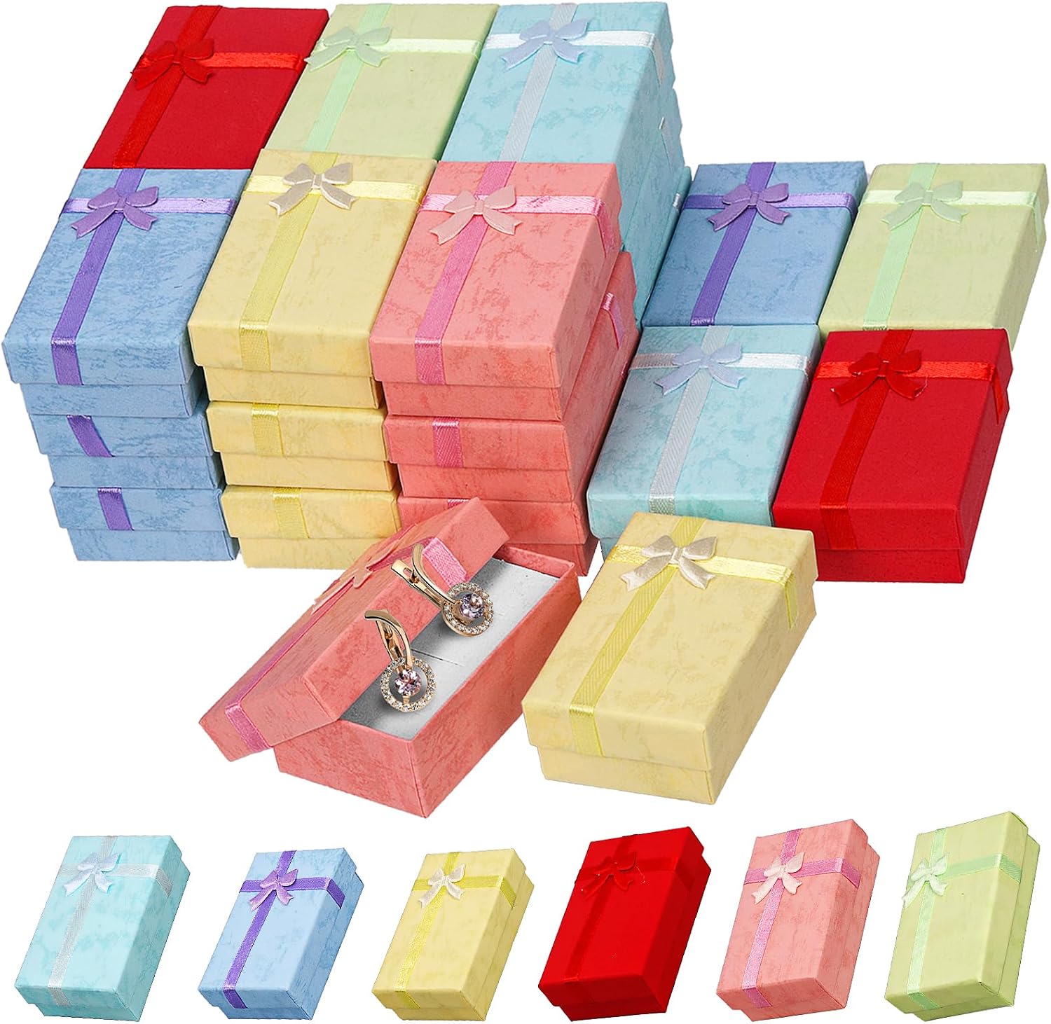 Swpeet 24 cajas de regalo de joyería de 6 colores 3,1 x 1,9 x 1,1 pulgadas, con kits de lazo, cajas de joyería de cartón, cajas de regalo de joyería de collar de anillo, cajas de regalo a granel