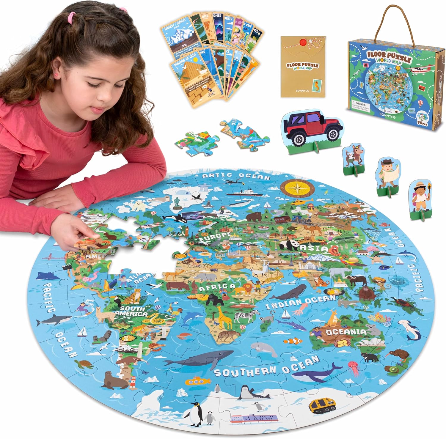 BONNYCO Puzzle XXL Mapa Mundi Niños de 70 Piezas con Animales y Continentes