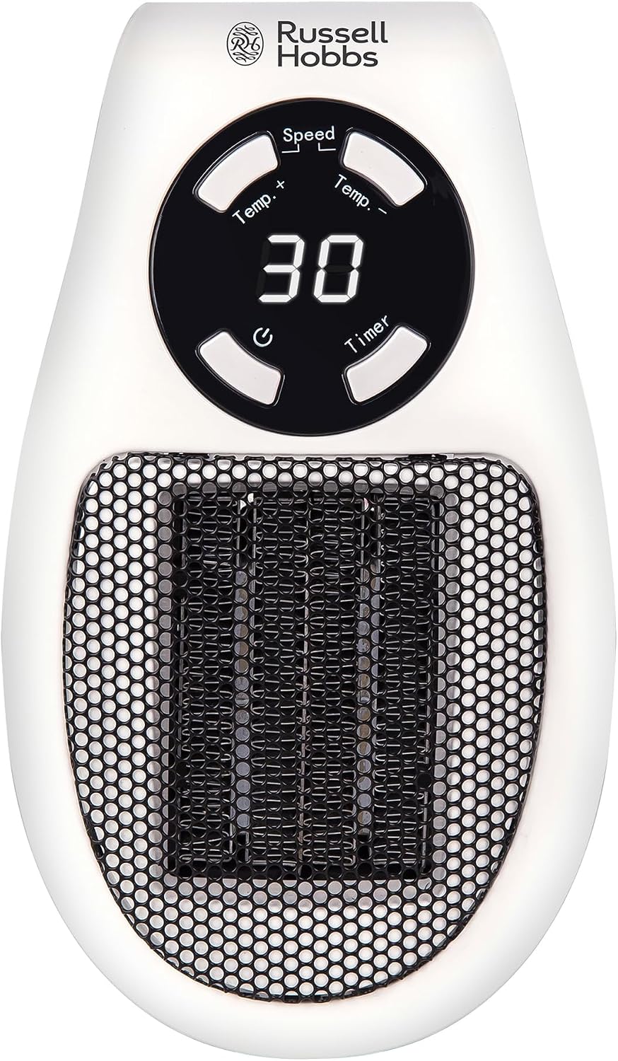 Russell Hobbs RHPH2001 Calentador de Enchufe Cerámico de 500 W, Termostato Ajustable, Temporizador de 12 horas y Pantalla LED, 2 Velocidades de Ventilador, Color Blanco