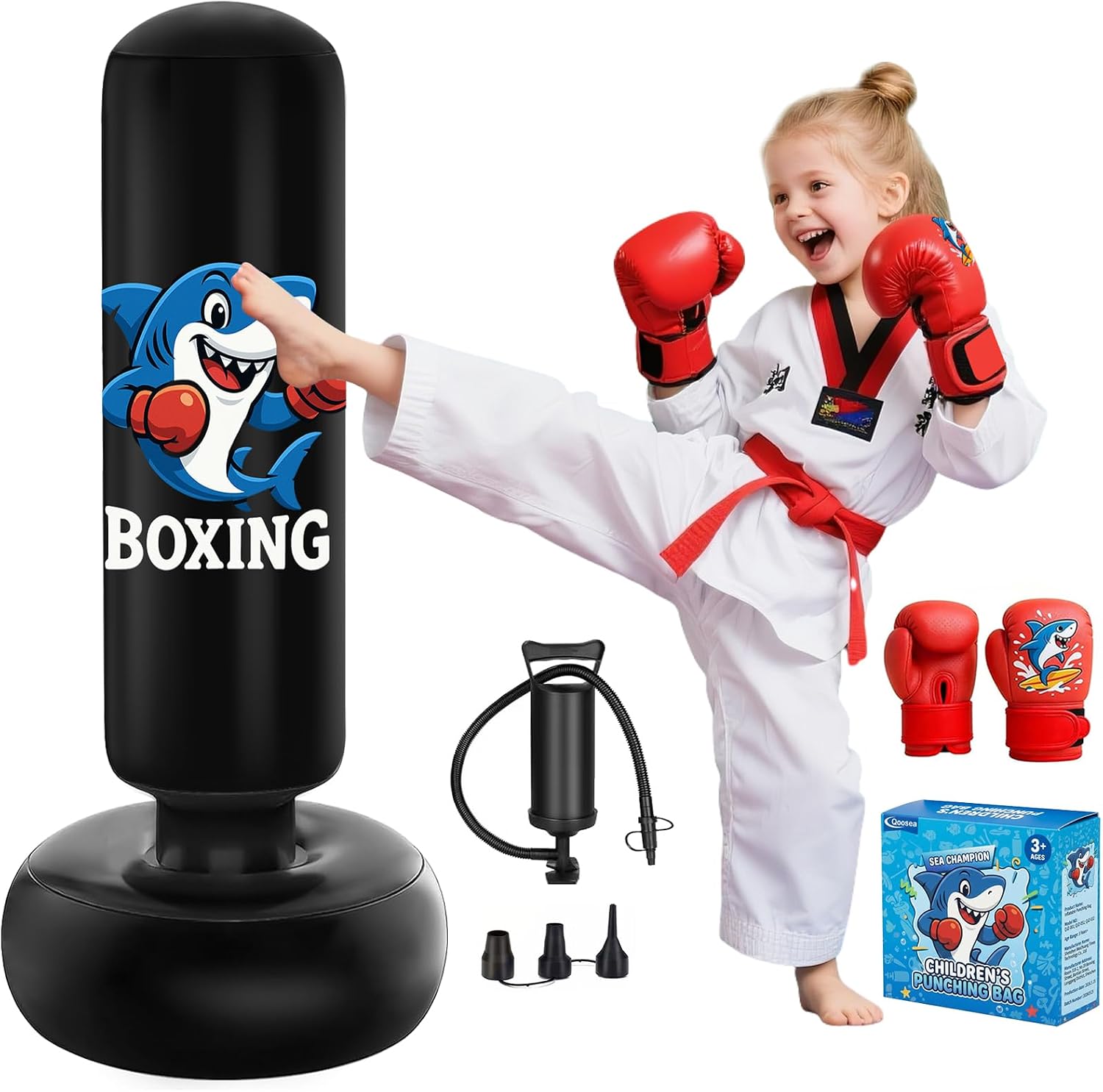 Qoosea Saco de Boxeo Niños 3-8 Años Saco de Boxeo de Pie con Bomba de Aire y Guantes de Boxeo, Bolsa de Boxeo Inflable Estable para Karate, Kickboxing, MMA, Regalo Ideal para Niños y Niñas