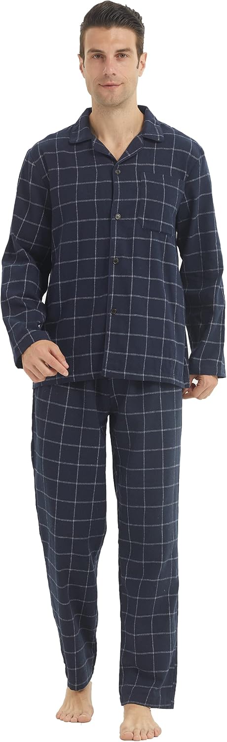 YUSHOW Pijama Hombre Invierno Algodón Franela a Cuadros Manga Larga Pantalón con Bolsillos Conjunto de Pijama Cómodo Ropa de Dormir de Dos Piezas