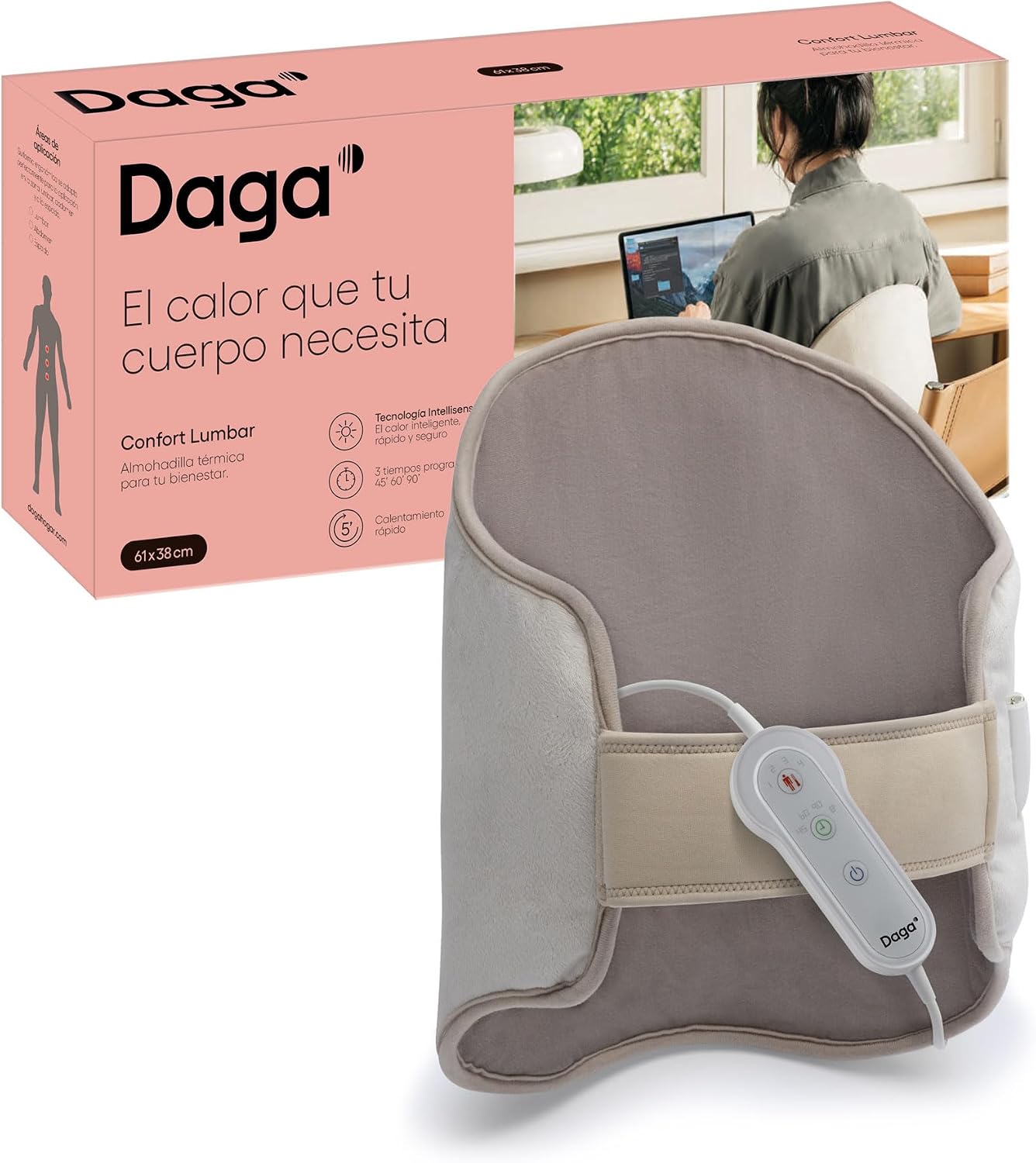 DAGA Almohadilla Térmica Lumbar, Tecnología Intellisense, Doble Tejido, Multi-Temporizador, 4 Temperaturas, 61x38 cm