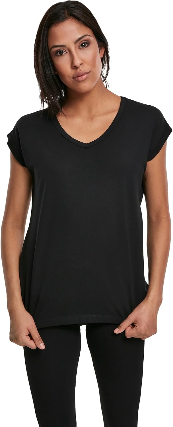 Urban Classics Ladies Round V-Neck Extended Mujer Camiseta Negro Regular