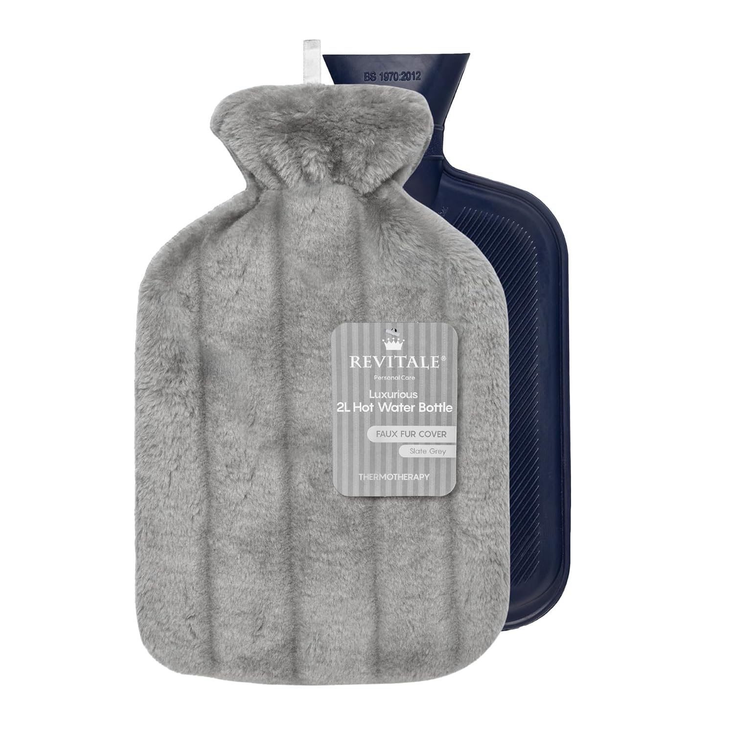 Revitale Bolsa de Agua Caliente de Lujo y Confort 2 Litros, Funda Suave, Caucho Natural Acanalado en un Lado, Norma Británica BS1970:2012, Duradera y a Prueba de Fugas (Gris Pizarra)