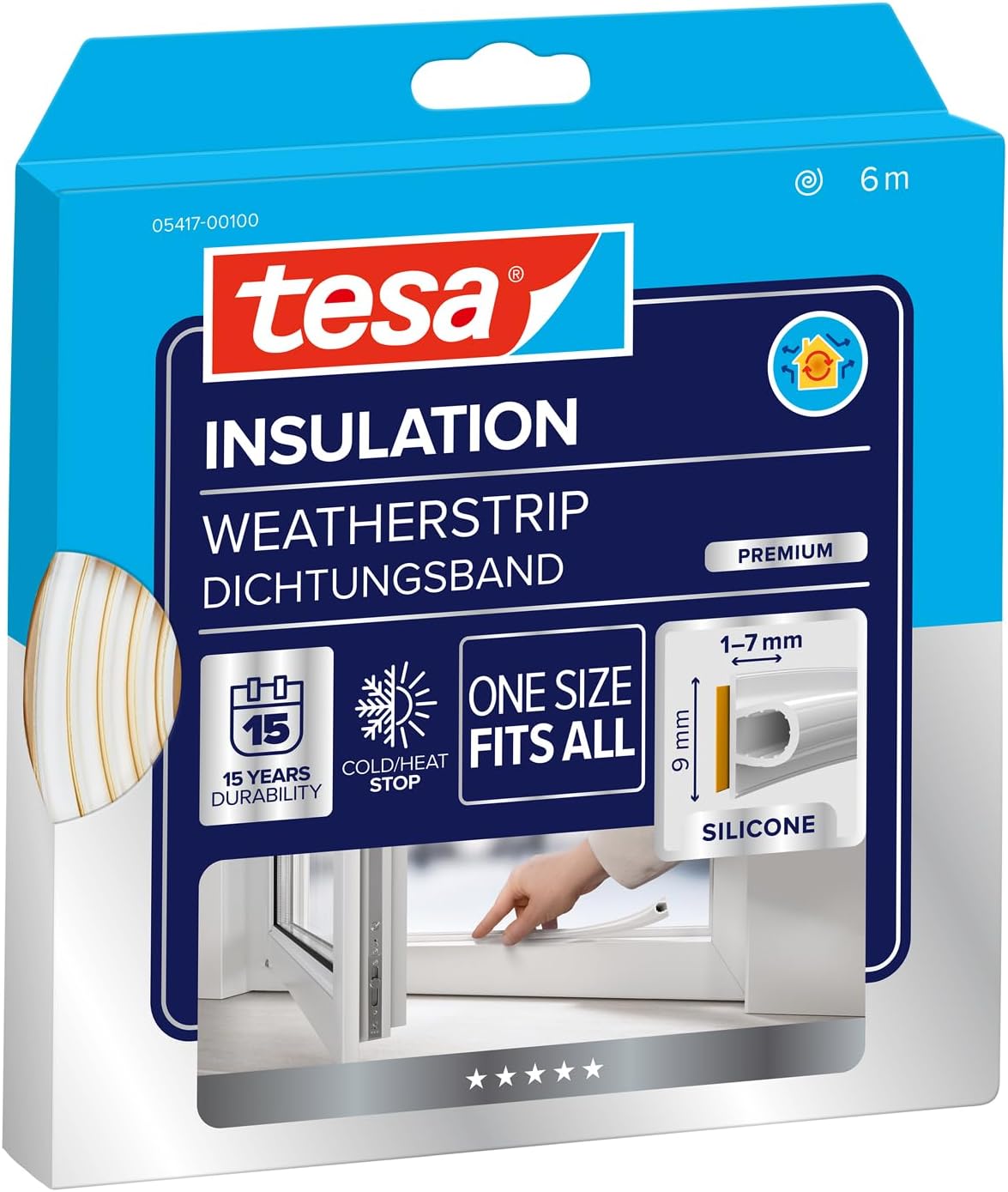 tesamoll Silicona PREMIUM FLEXIBLE, Tira de Silicona Adhesiva para Sellar Brechas de Ventanas y Puertas, Blanco, 6 m x 8 mm x 7 mm