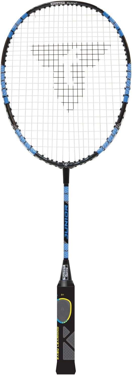 Talbot Torro Lern-Badmintonschläger Eli Junior, verkürzte Länge 58 cm, Lerngriff, Tropfenkopf, Ideal für Schulsport und Training, Schwarz-Gelb-Blau