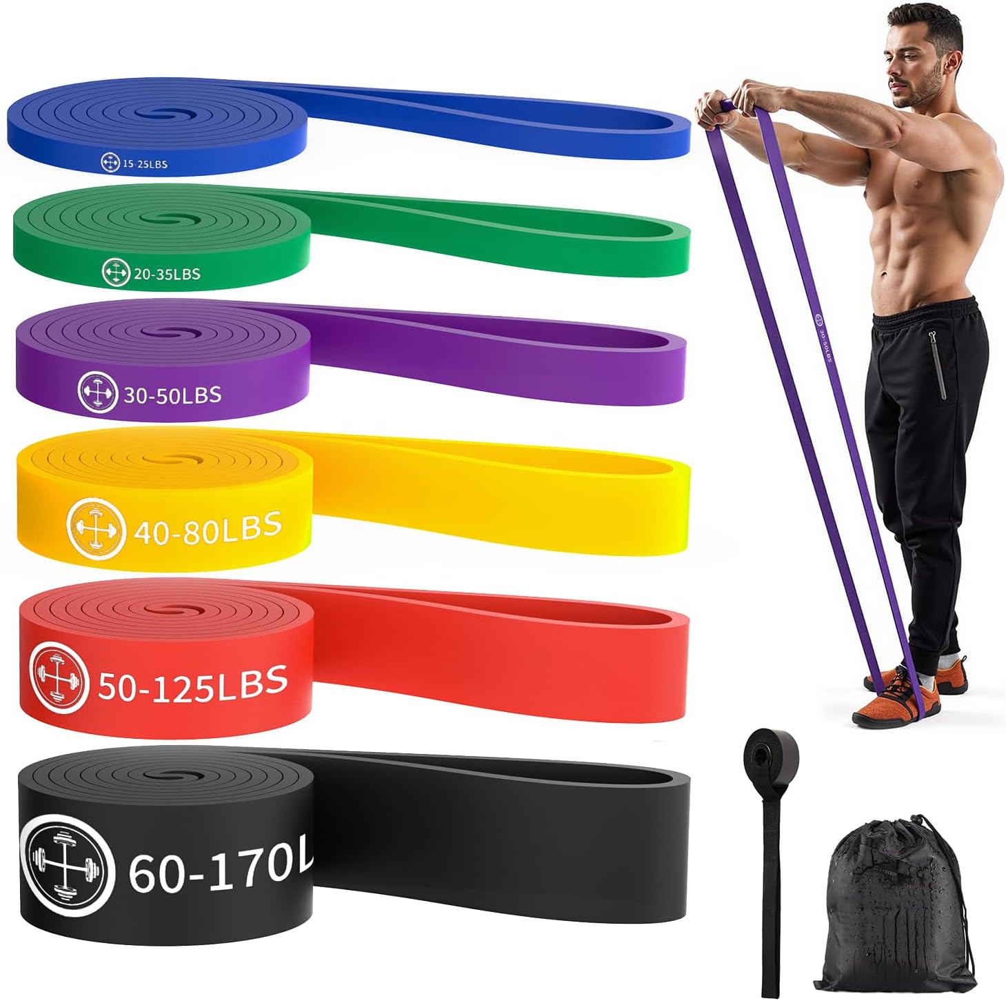 POWER GUIDANCE Bandas Elasticas Musculacion [Set of 6], Gomas Elasticas Musculacion Cintas Elasticas Musculacion con Bolsa de Transporte para Entrenar Powerlifting