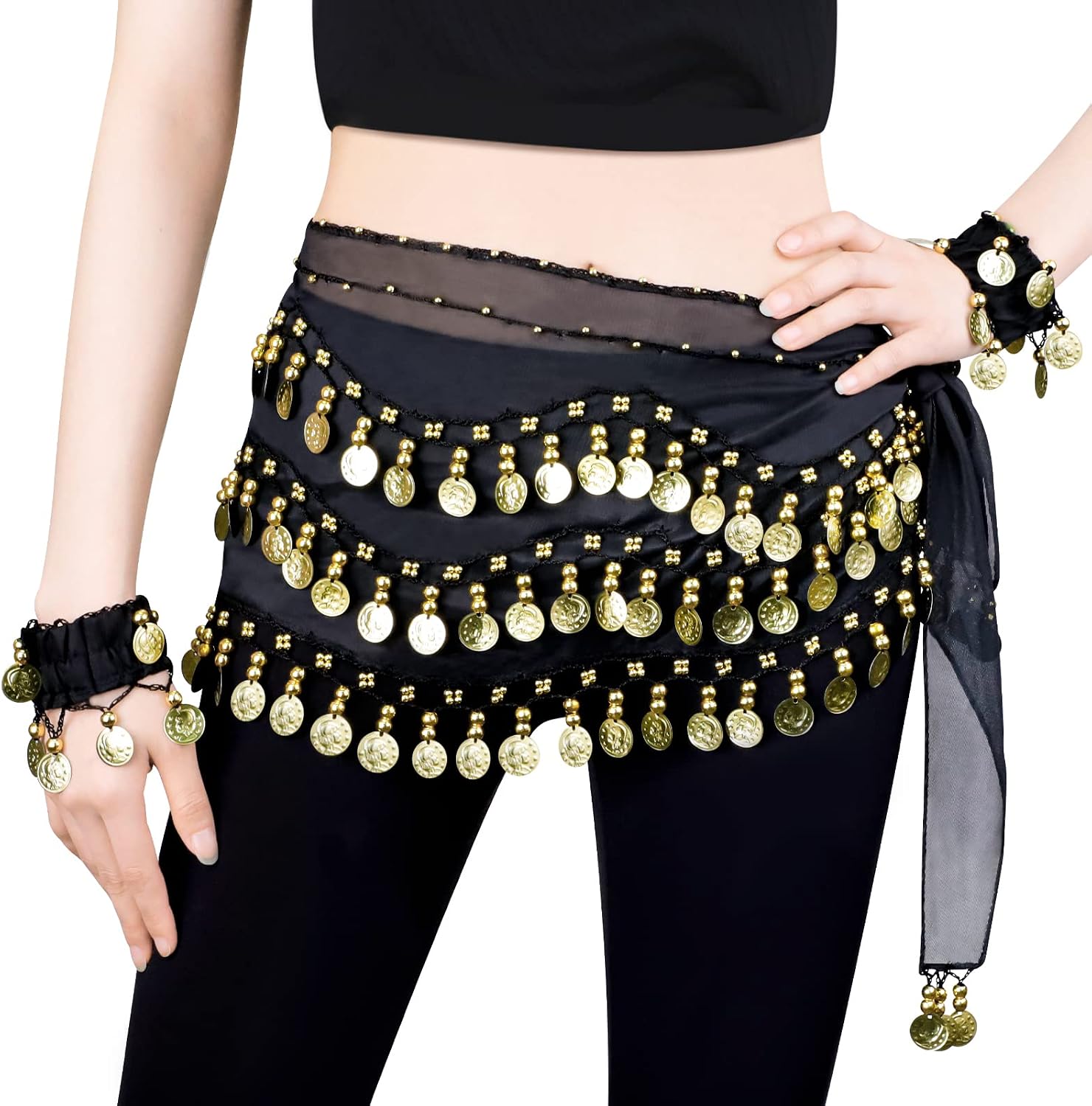 LZYMSZ Bufandas de Cadera para Danza del Vientre, Faldas con Forma de Onda para niñas/Mujeres, Envueltas con Monedas de Oro 128, Cinturón de Disfraces de Cintura con Brazaletes Pulseras
