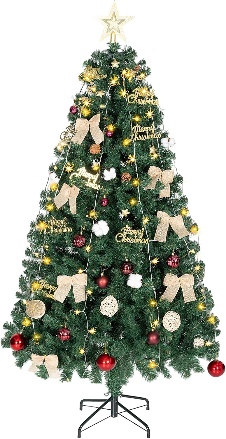 HOMCOM Árbol de Navidad Ø90x150 cm con Adornos y Estrella 150 Luces LED