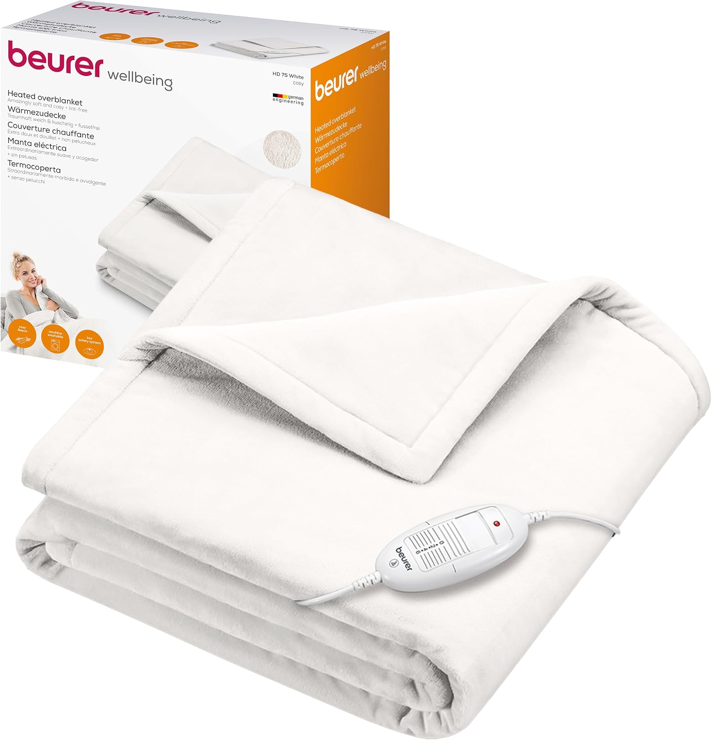 Beurer HD 75 manta eléctrica, manta de peluche de material polar, 6 ajustes de temperatura con un sistema de seguridad y desconexion automatica, lavable a máquina, blanca, 180 x 130 cm