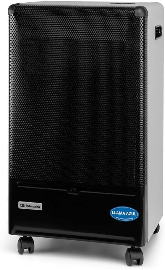 Orbegozo HBF 90, Estufa de gas butano, 4200 W, tecnología de llama azul, Triple sistema de seguridad, apta para gas butano y propano, asa para transporte, ruedas pivotantes, color negro