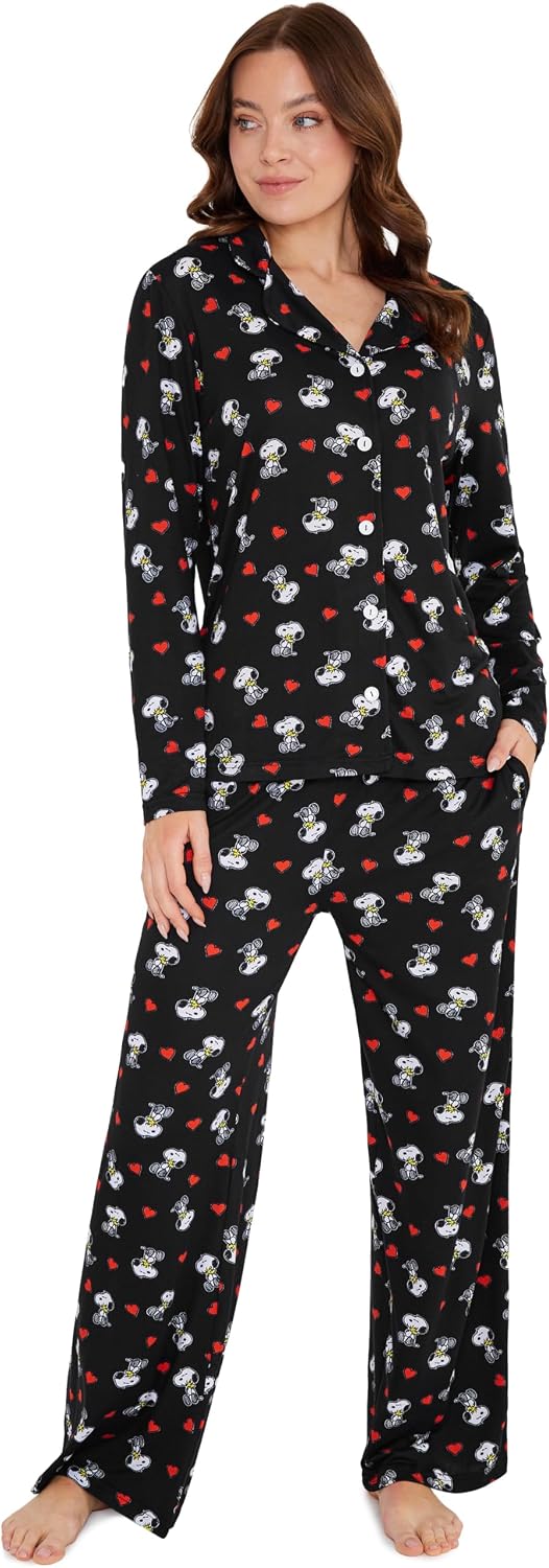 Peanuts Snoopy Pijama Mujer Invierno Manga Larga Suave Pijama con Botones Conjunto 2 Piezas Mujer Regalos Originales
