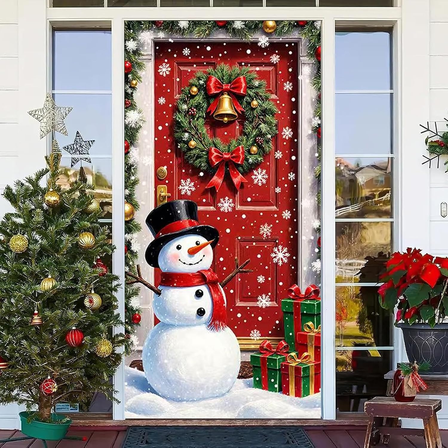 Decoración de Cubierta de Puerta de Navidad, Decoración Navideña para Puerta Cubierta y Principal con Motivo de Muñeco de Nieve en Tela 180 x 90 cm, para Festival Fiesta Adorno