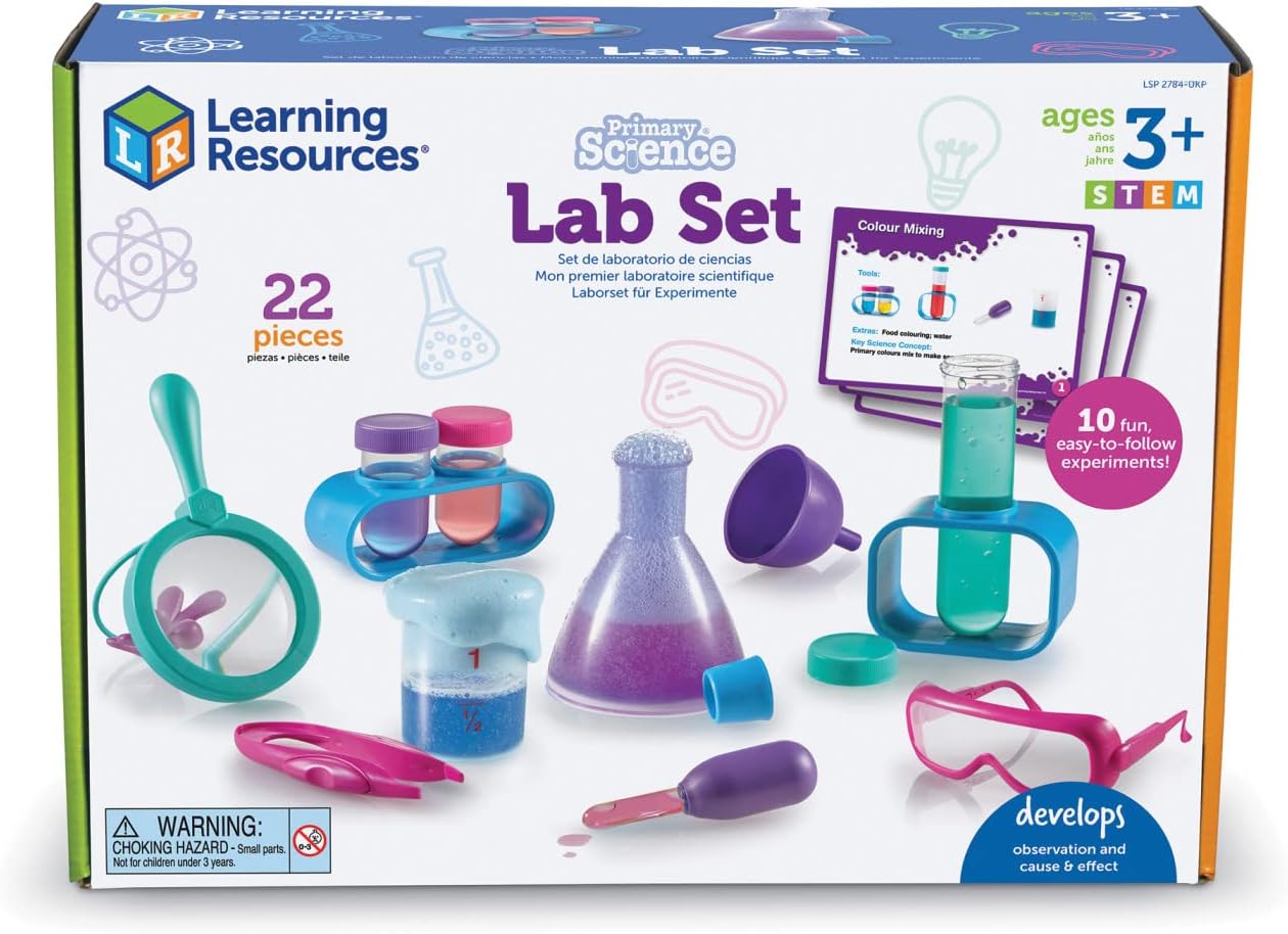 Learning Resources Laboratorio de Ciencias de Primaria (Rosa), Kit de experimentos científicos para niños con 10 experimentos, Juguetes de Stem de Preescolar, matraces, lupas para niños, 3+