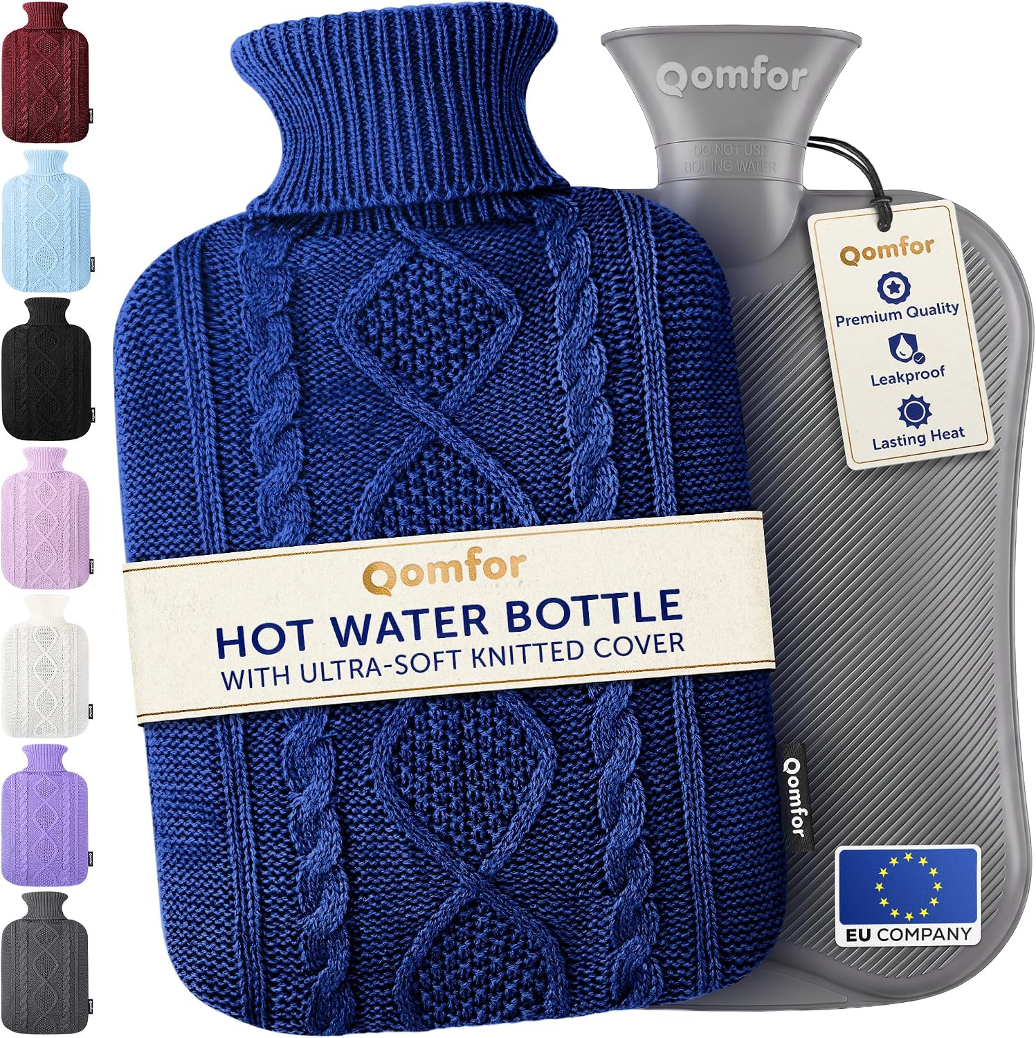 Bolsa/botella de agua caliente - con funda de punto suave de primera calidad - Azul oscuro, 2 L - Almohadilla térmica para los cólicos menstruales - Compresa caliente y fría