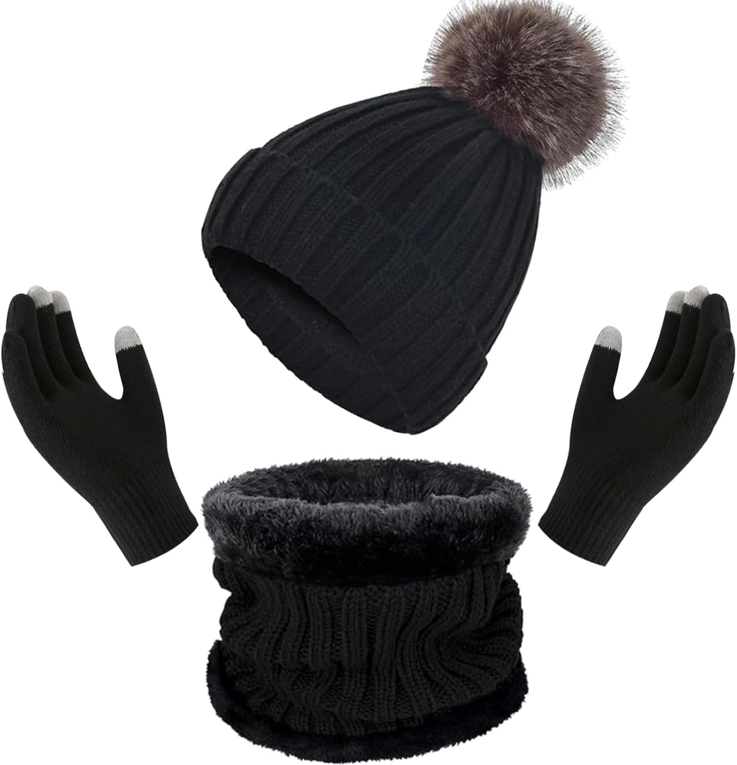 Enwokran Gorro Bufanda Guante Set 3 PCS, Invierno Bufanda Gorro Pantalla Táctil Guantes Moda Caliente Bufanda Gorro de Punto Pantalla Táctil Guantes para Mujer Deportes al Aire Libre
