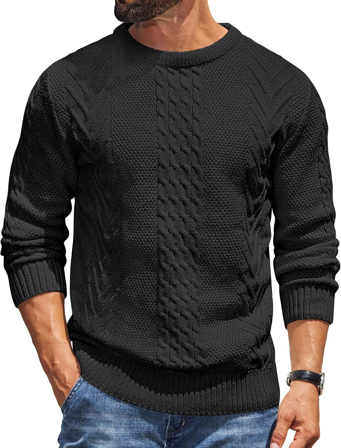 COOFANDY Jersey Hombre con Cuello Redondo de Punto Cable