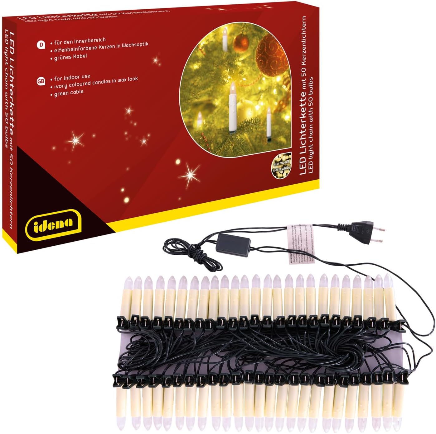 Idena 31839 - Luces de hadas LED con 50 velas, velas de color marfil con clips de fijación, aprox. 26 m de largo, decoración navideña e iluminación para el árbol de Navidad