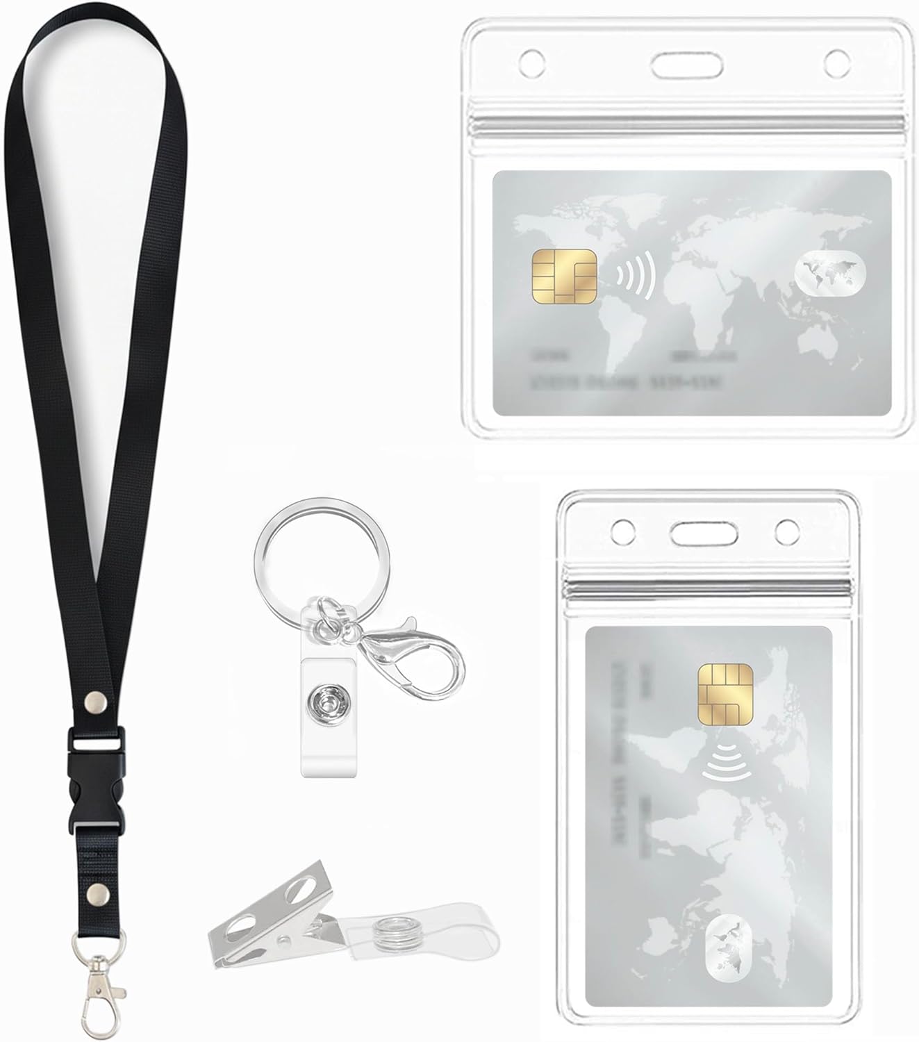 Portatarjetas con cordón, llaveros, clips transparentes para tarjetas de identificación, para la oficina, la escuela, para tarjetas de crédito, clips de identificación (1 Set)