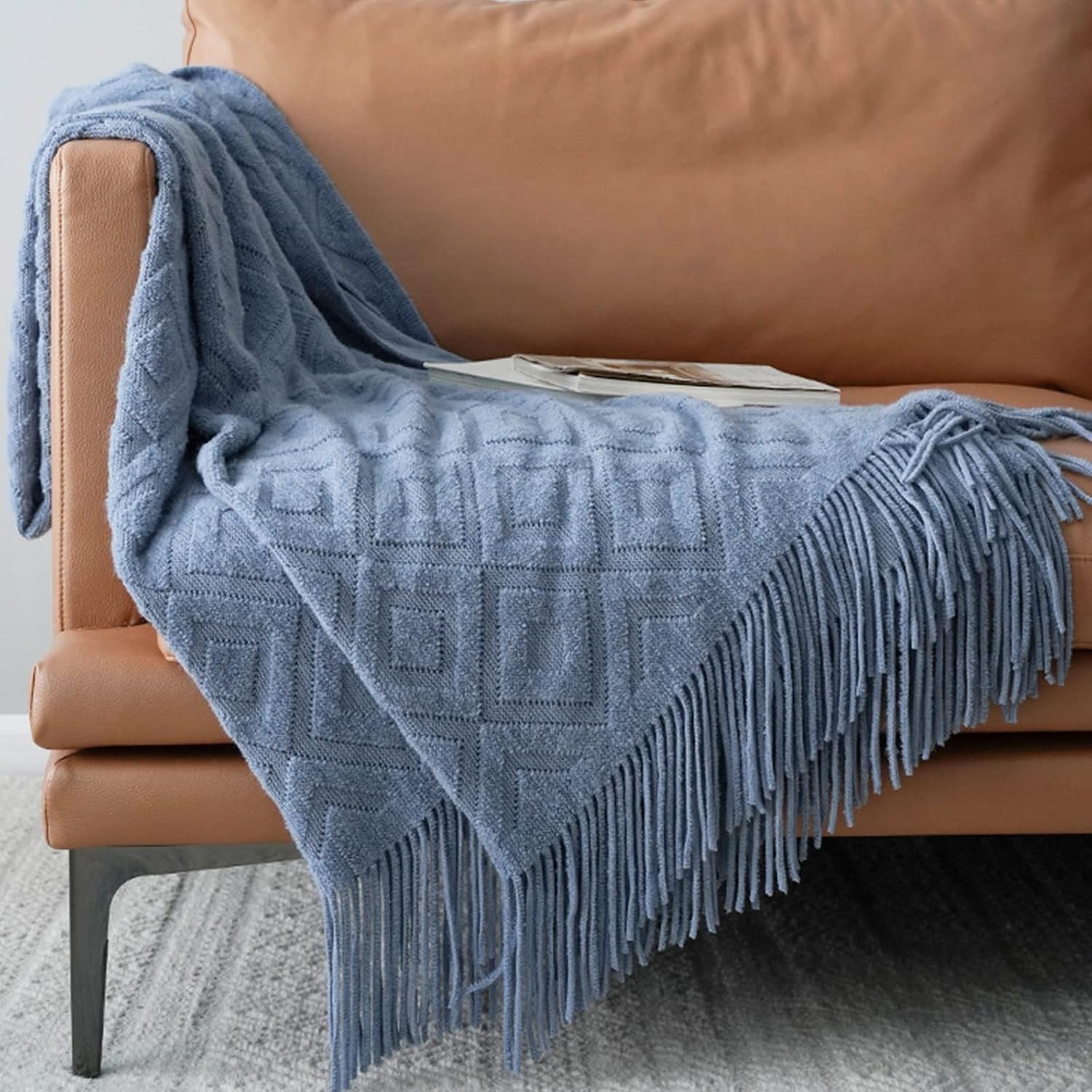LumiSyne Manta De Punto con Flecos Color Sólido Patrón de Diamante Jacquard Comoda Suave Cubresofa Cubrecama Manta Cubrecama Decorativa para Sofá Cama 170x130cm