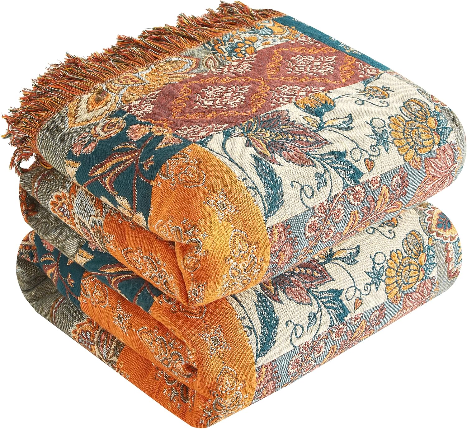 SE SOFTEXLY Manta Boho, 100 % algodón, muselina de doble cara, manta boho, 230 x 250 cm, manta de patchwork para sofá y colcha, ideal para sala de estar y dormitorio, naranja y verde