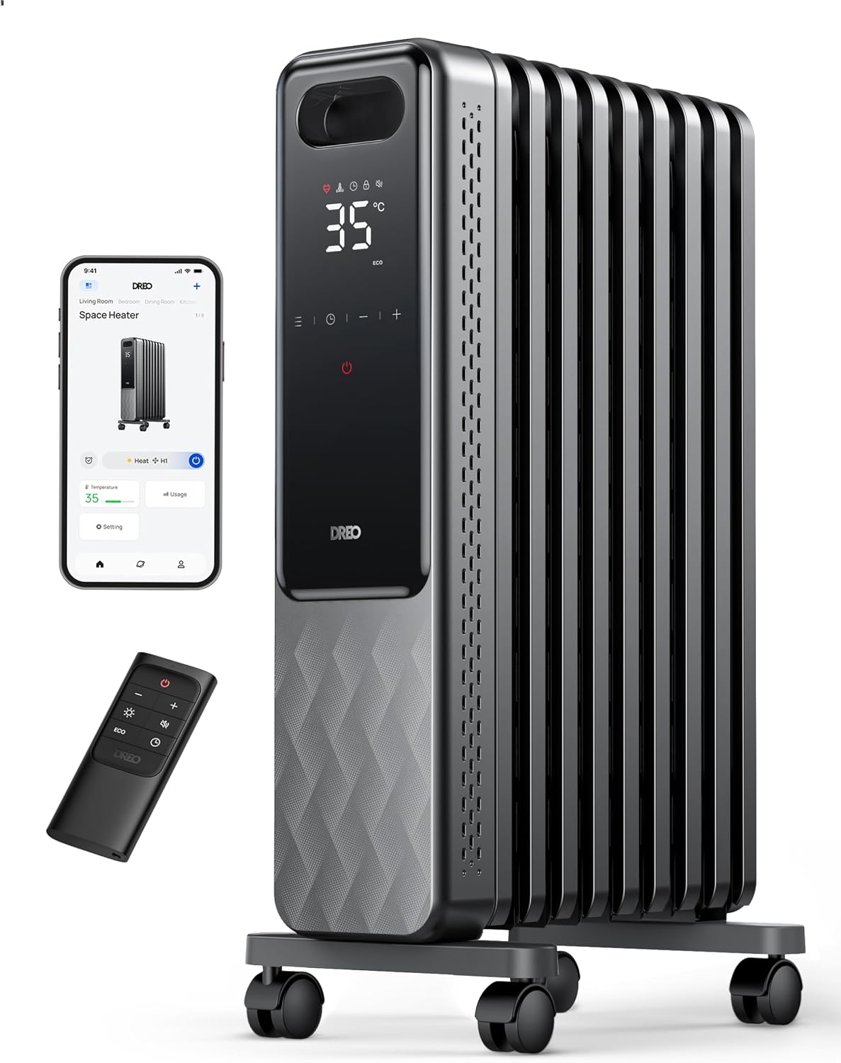 Dreo Radiador de Aceite 2000W, Calentador de Aceite Eléctrico Portátil 9 Elementos Con Mando a Distancia, Temporizador 24h, 3 Ajustes de Calor, 4 Modos, protección contra sobrecalentamiento