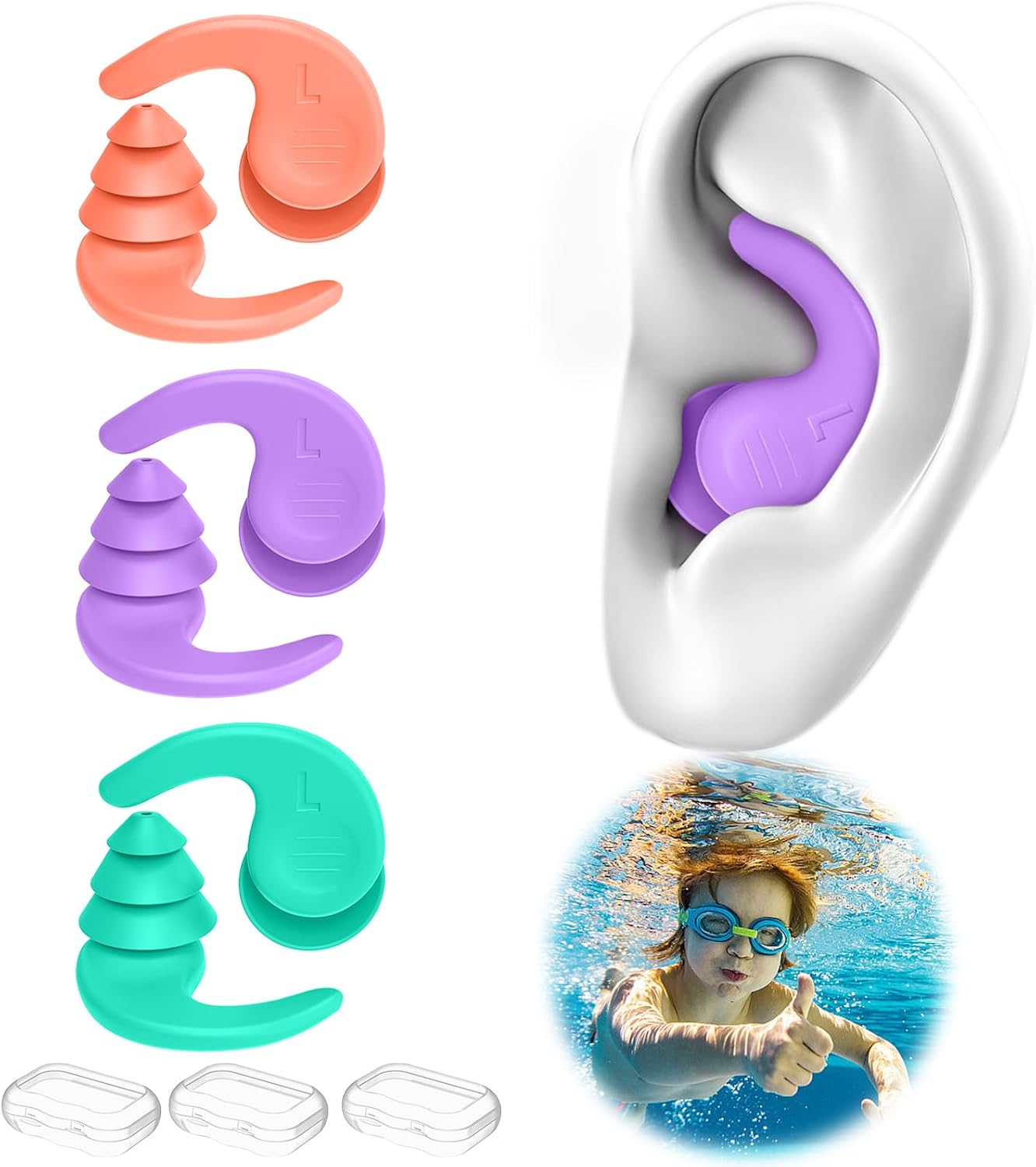 Tapones oidos Natación para Adulto, 3 Pares de Tapones Oidos Silicona Natacion,Tapones para los Oídos para nadar, surfear para Adulto