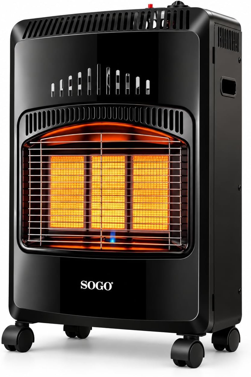 SOGO Estufa de Gas Butano Catalítica de Cerámica 4200W con Triple Sistema de Seguridad - Estufa Catalítica Portátil Plegable con Ruedas - Estufa Catalítica Gas Butano para Interior y Exterior