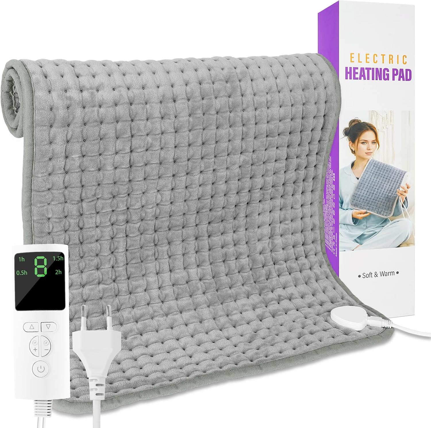 Manta Eléctrica Lumbar, 84 X 43 Cm Manta Termica Con Apagado Automático, 9 Ajustes de Temperatura y 4 Temporizadores, Heating Pad Para Espalda, Cuello, Hombros y Vientre, Lavable a Máquina (Gris 1)