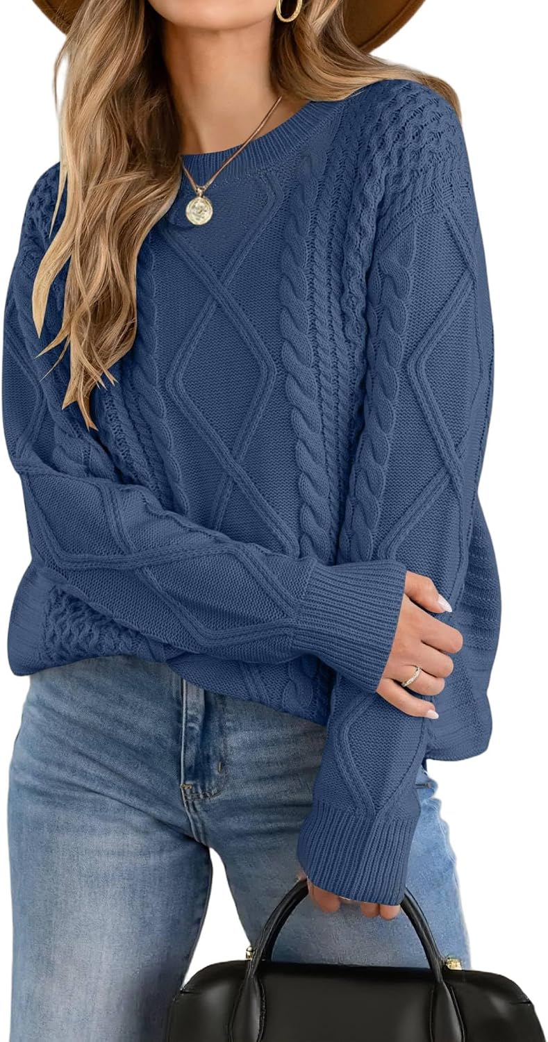Zeagoo Suéter de punto trenzado para mujer, cuello redondo, casual, manga larga, suéter de invierno