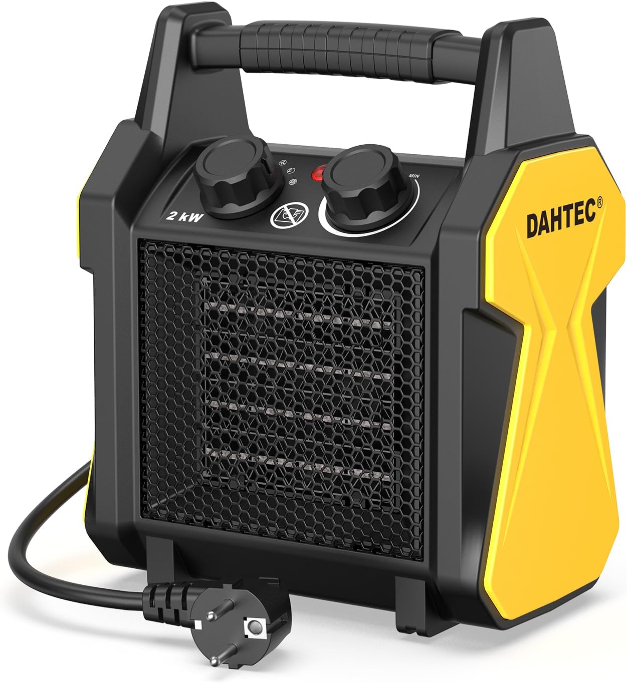 DAHTEC Calefactor Bajo Consumo 2000W - Ceramico Aire Caliente - Protección Antivuelco & Termostato - Apto para Hogares, Baños