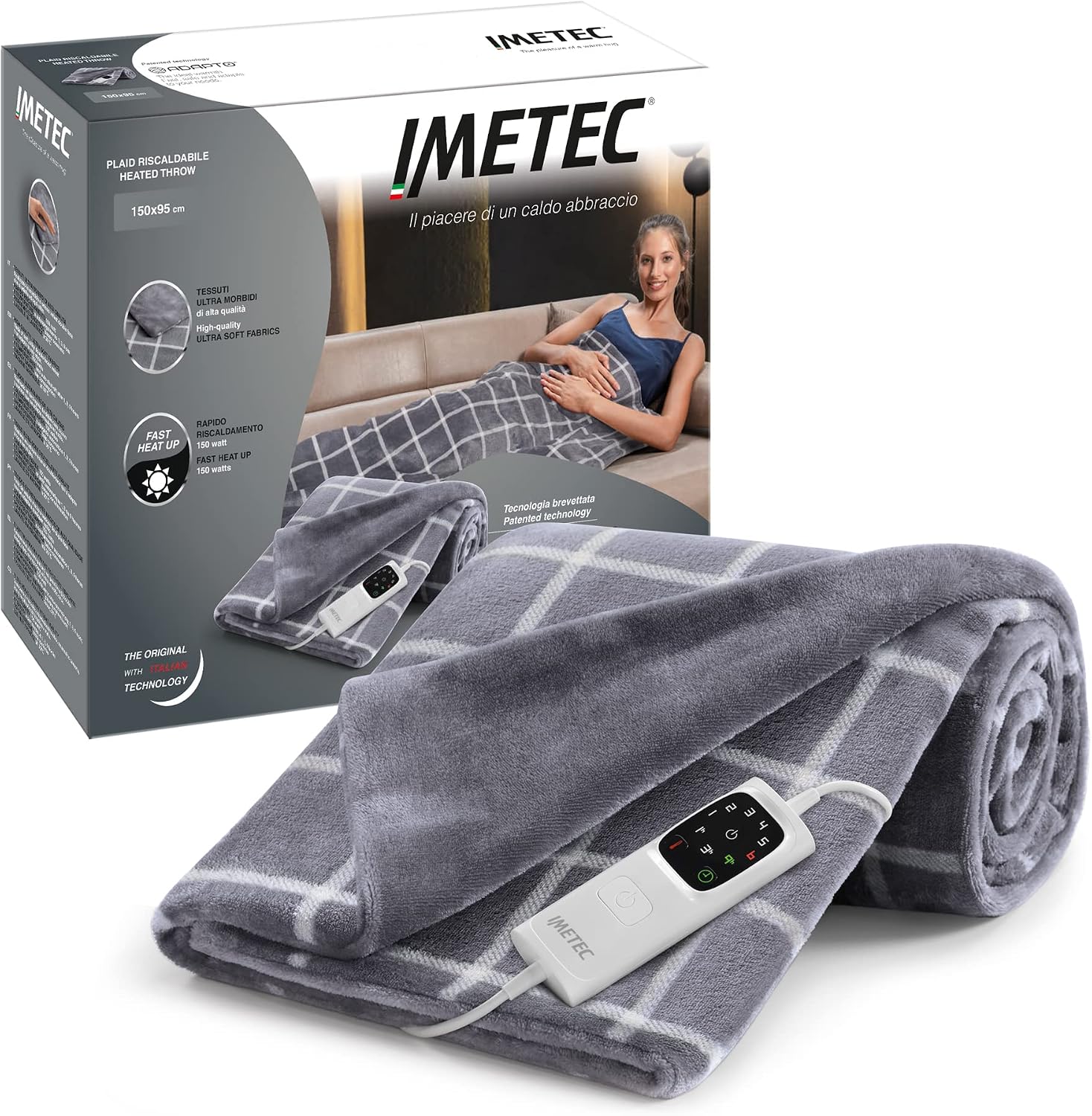 Imetec Adapto Velvet Square, Manta eléctrica de 150 x 95 cm, tejido aterciopelado y sedoso, equipado con tecnología Adapto, dispositivo de seguridad, 6 temperaturas, se puede lavar en la lavadora