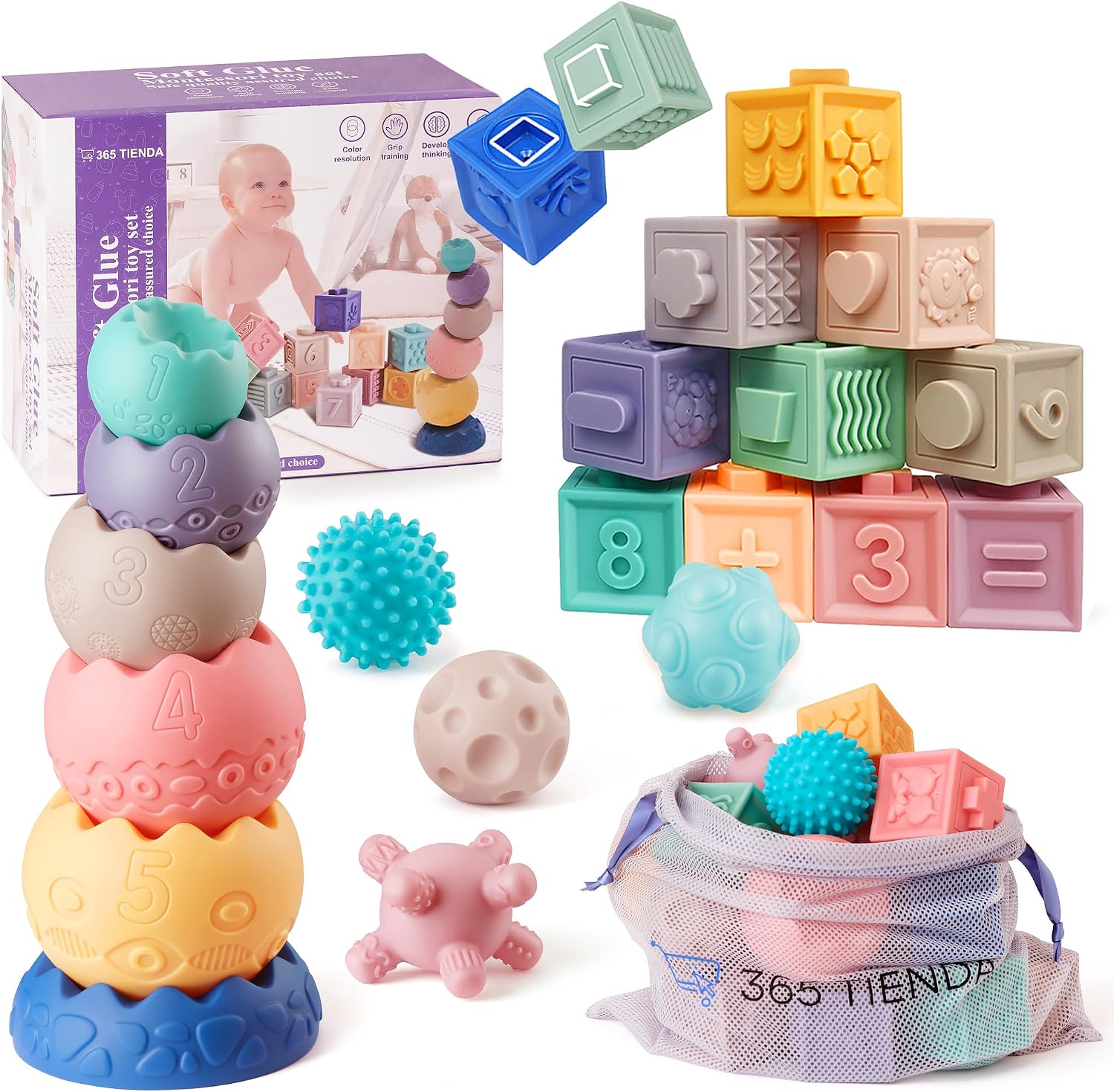 Juguete Montessori 1 Año – Set de 22 Piezas Sensoriales de Silicona Suave para Apilar y Encajar - Educativo y Seguro - Regalo Ideal para Bebés Montessori 6 a 12 Meses