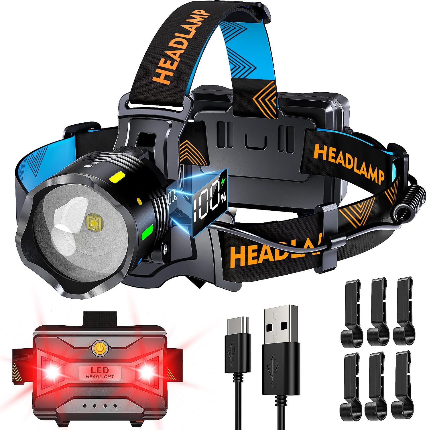 210000 Lux 12 Modos de Linterna Frontal Rojo Advertencia y Sensor, 95 Horas Linterna Cabeza de 125° Angle y Foco Ajustable, Linterna Frontal Led Recargable Impermeable IP65 para Camping Emergencia