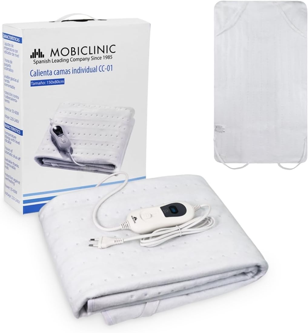 Mobiclinic, Calienta camas eléctrico, 150 x 80 cm, Temperatura regulable en 3 niveles, Ajustable, Lavable, Para cama individual, Muy bajo consumo, 60w, Colchón, Blanco