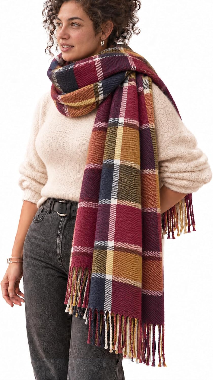 Miss Lulu Bufanda Mujer, Chal Enrejado Mantón Grande para Invierno, Pashmina Larga Bufanda con Patrón Tartán y Borlas
