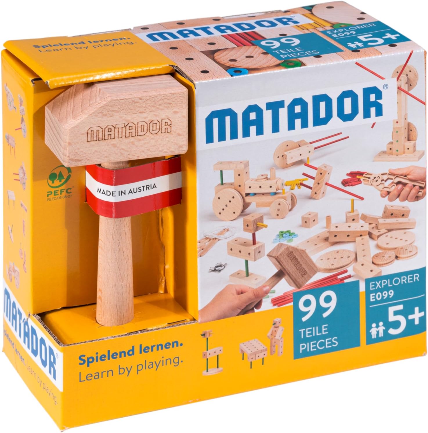 Matador Set de Construcción para Niños Desde 5 Años – 318 Piezas | Juego de construcción en Madera Atractivo para fomentar Creatividad y motricidad Fina, con Varillas, Bloques, Martillo y Pinza