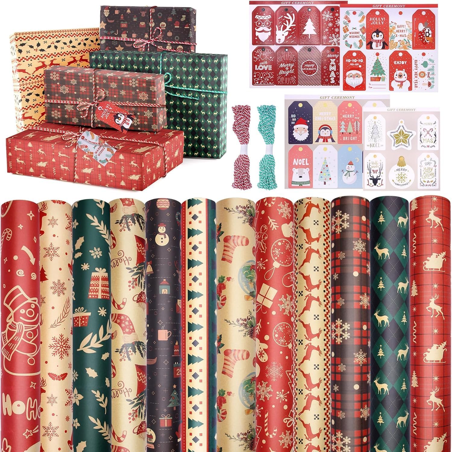 HOVIBU 12 Piezas Papel de Regalo 70x50cm Navidad, Reciclable Kraft Natural, Con 30 Etiquetas y 2 Rollos de 11m de Cuerda de Algodón, Para Nochebuena Xmas
