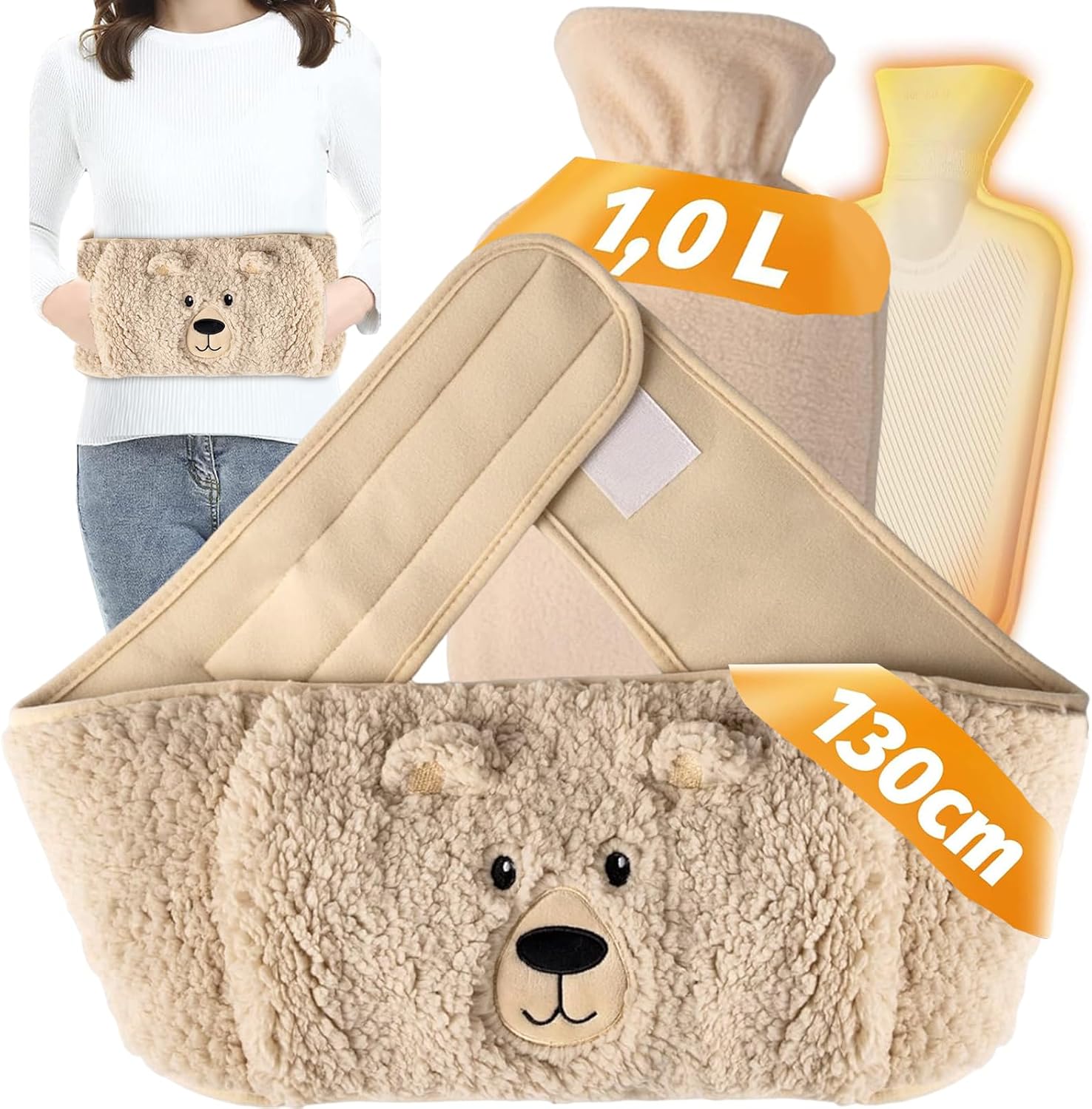 Bolsa de Agua Caliente 3 en 1 con Cintura Ajustable 130cm, 1L de Goma Natural Antifugas, Alivio Dolor Menstrual, Cuello, Hombros y Espalda - Perfecto para Mujeres y Adultos