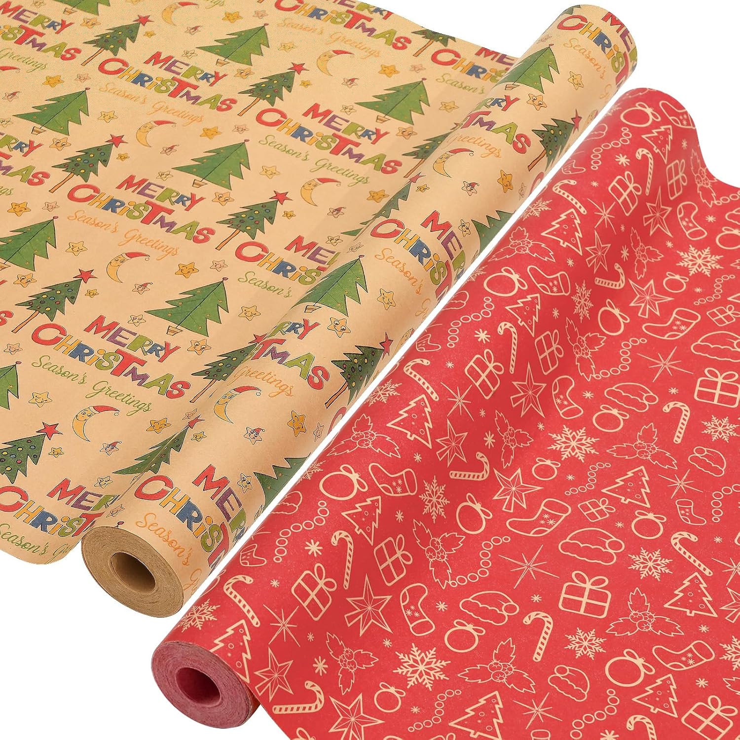 Ahfulife 2 Rollos Papel Regalo Navideño, 43cm x 15M per Rollos Papel Embalaje Navideño Reciclables Caja de Embalaje de Papel Kraft Decoración de Fiesta (D: Árbol de Navidad/Embalaje Rojo)