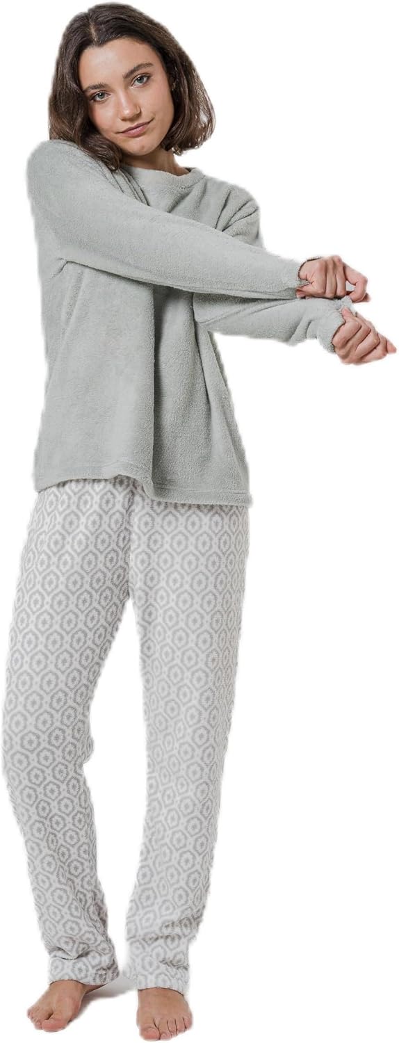 TRAMAS+ Pijama Mujer Invierno, Pijama Coral de Mujer, Conjunto de Camiseta de Manga Larga y Pantalón Largo con Cintura Ajustable Calentito, Conjunto para Mujer