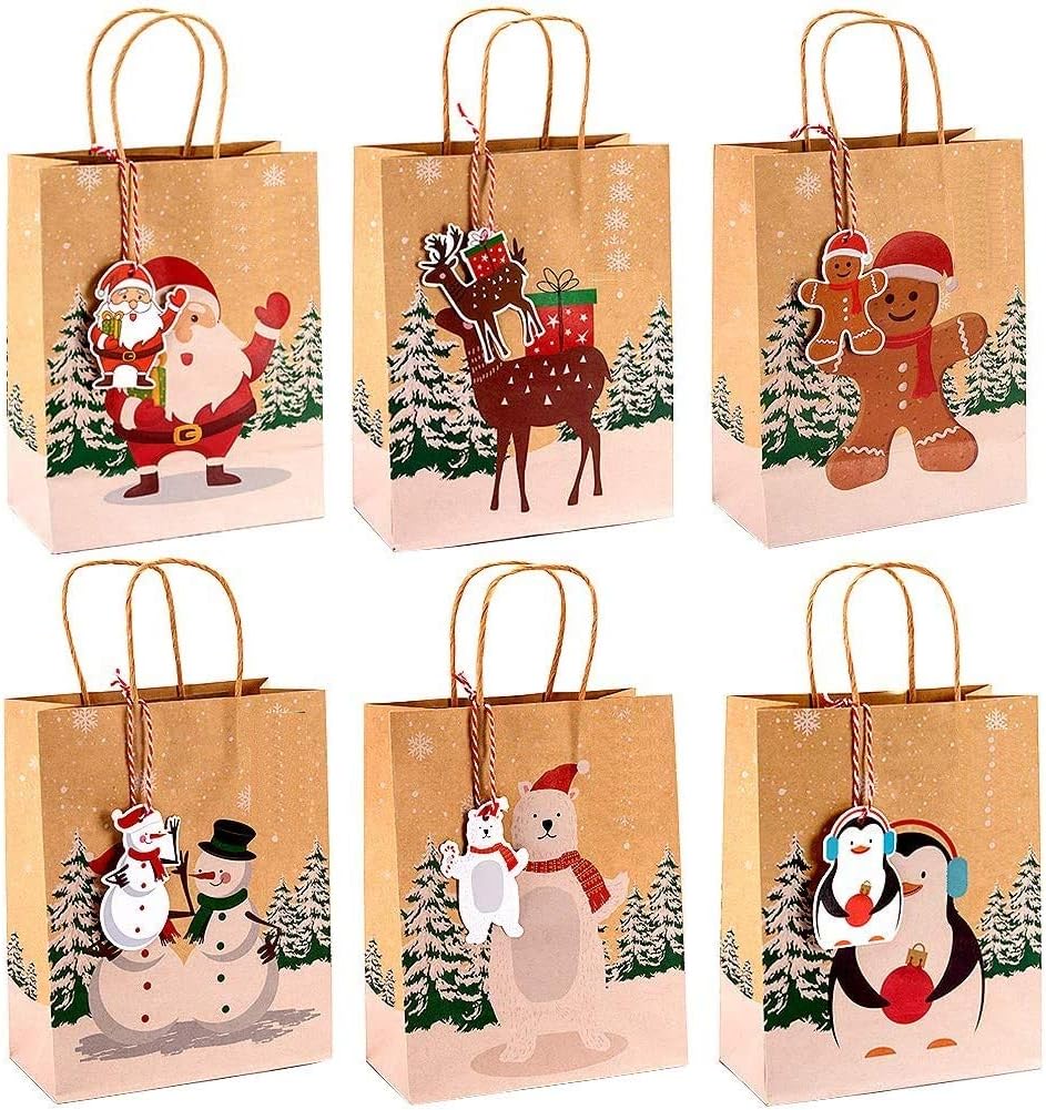 KAHEIGN 12 Piezas Bolsas De Regalo Navideñas, 25 x 20 x 13CM Bolsas de Papel Metalizado Rojo con Papel de Seda, Etiqueta de Nombre y Asa de Cinta para Navidad Fiesta Regalos Envoltorio