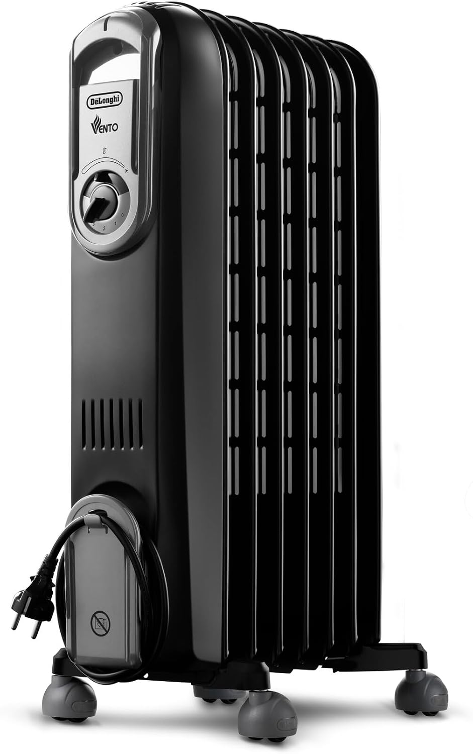 De'Longhi Serie Vento V550715.BG - Radiador de aceite eléctrico, calefacción eléctrica de bajo consumo, 7 elementos, temporizador, botones intuitivos para entornos de hasta 45 m³, 3 niveles de