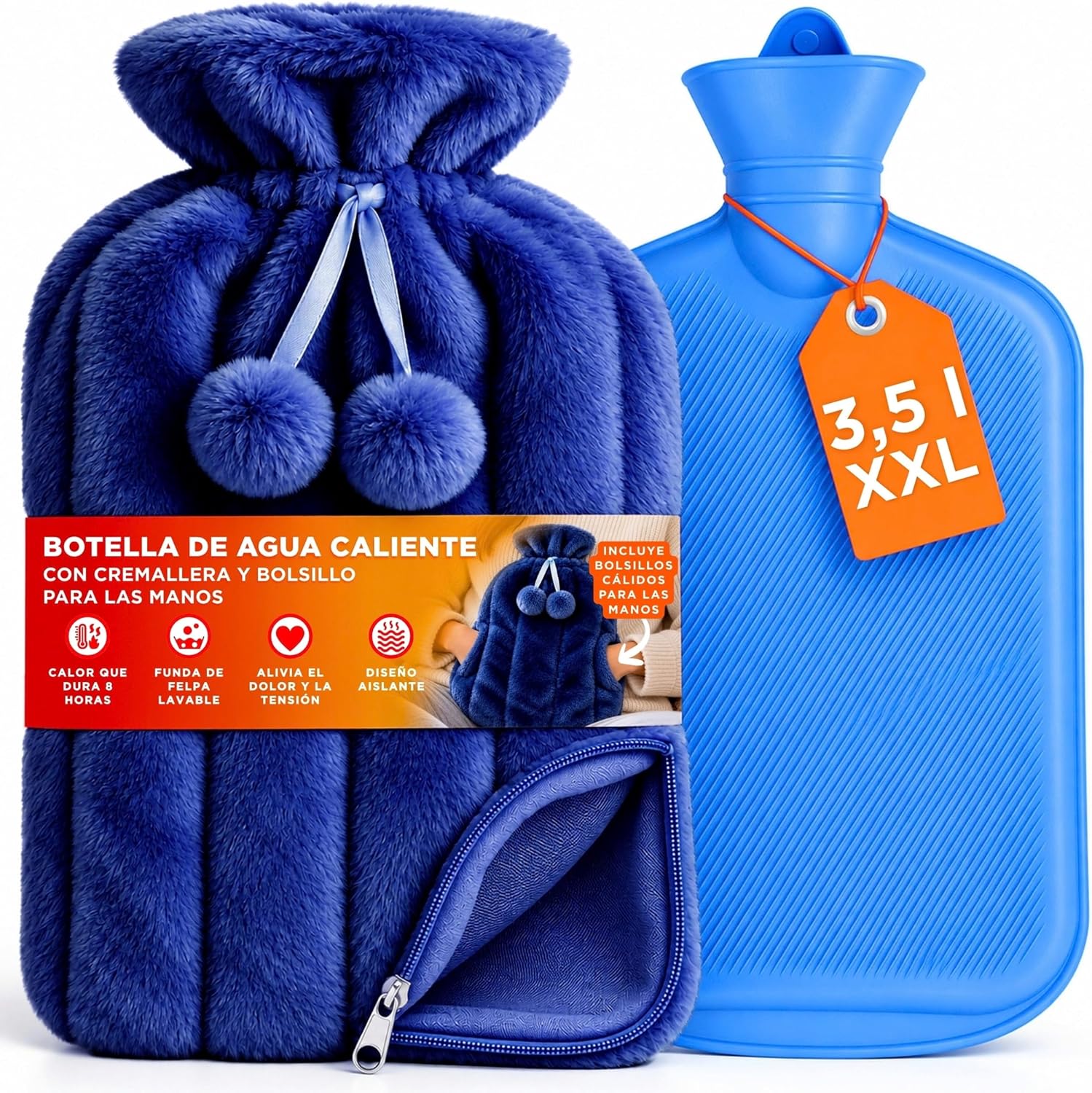 Bolsa de Agua Caliente Grande de 3,5L con Cremallera y Bolsillo para las Manos - Cubierta de Piel Sintética Azul para Alivio del Dolor - Bolsa Agua Caliente Suave y Lavable (1 Unidad)